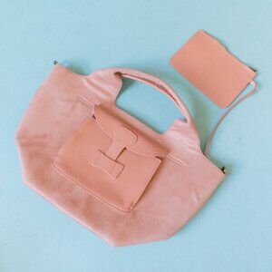 By Anthropologie Dusty Pink Faux Leather Slouchy Tote Bag Matching Wristlet
